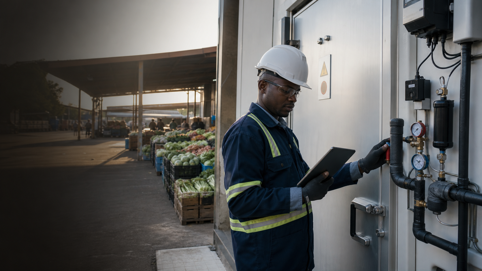 Zimbabwean refrigeration technician checking a market cold room
