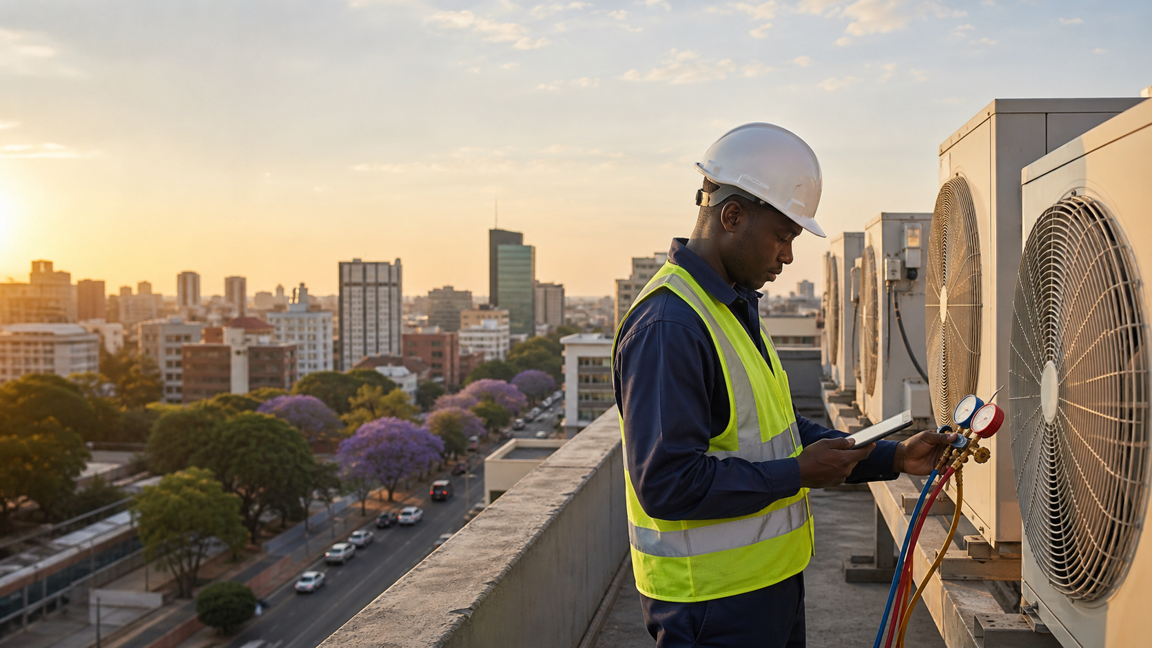Zimbabwean HVAC technician inspecting rooftop units in Harare