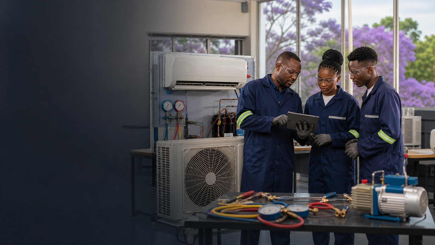 Zimbabwean HVAC-R trainees reviewing an air conditioning training rig